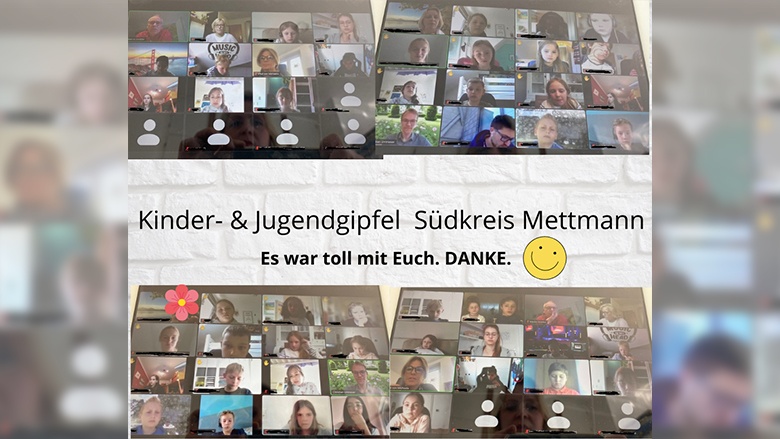 Eine Collage aus Screenschots der Videokonferenz zum Kinder- & Jugendgipfel Südkreis Mettmann. Viele Kinder und einige Abgeordnete sind zu sehen. Text: Es war toll mit Euch. DANKE.