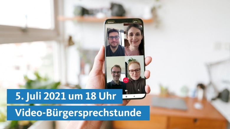 Video-Bürgersprechstunden Smartphone mit laufendem Video-Call. Zu sehen sind Dr. Christian Untrieser und 3 weitere Teilnehmer.