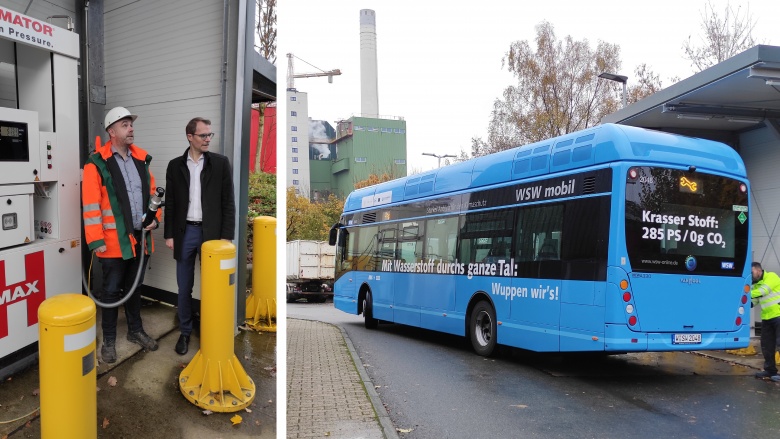 Bild links: Herr Krause (AWG) erklärt Dr. Christian Untrieser wie die Wasserstoffbetankung funktioniert. Bild rechts: hellblauer Wasserstoffbus der WSW