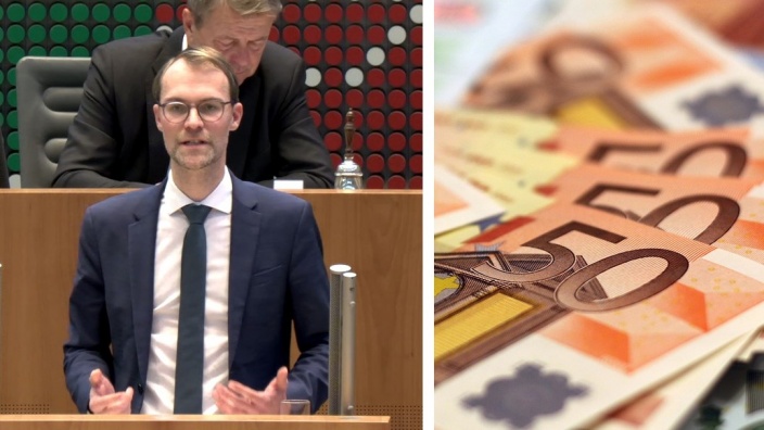 links: Dr. Christian Untrieser MdL bei seiner Plenarrede am 30.11.2023 im Landtag Düsseldorf; rechts: Euro-Banknoten (50 €)