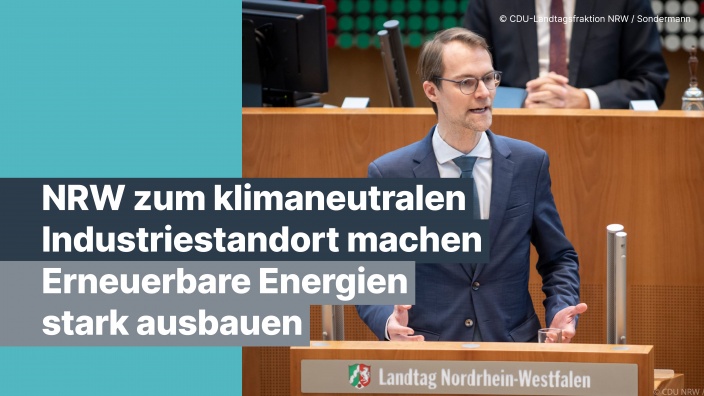 Text: NRW zum klimaneutralen Industriestandort machen - Erneuerbare Energien ausbauen Foto: Dr. Christian Untrieser MdL am Rednerpult im Landtag von Nordrhein-Westfalen