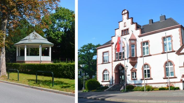 Links: Pavillon im Park Ville d'Eu in Haan. Rechts: Historisches Rathaus von Erkrath. 