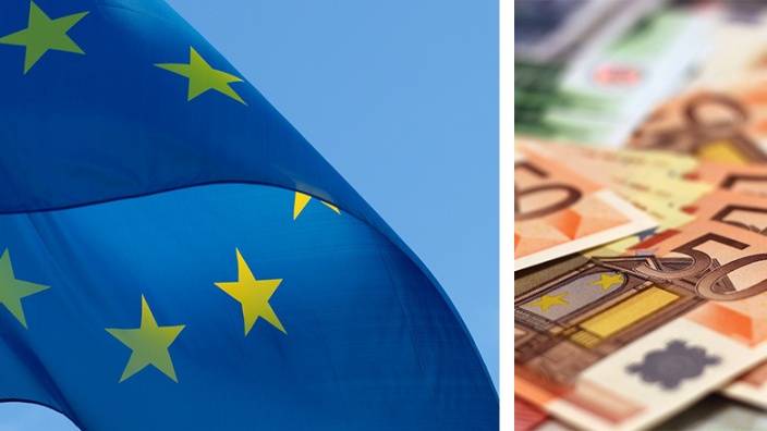 Links: Europa-Flagge weht im Wind (blau mit gelben Sternen); Rechts: Euro-Geldscheine, hauptsächlich 50 Euro