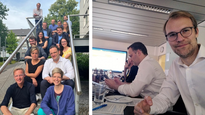 Links: Gruppenfoto von den Koalitionsverhandlungen. Rechts: Selfie von Dr. Christian Untrieser. Er lächelt. Im Hintergrund: Jens Spahn.